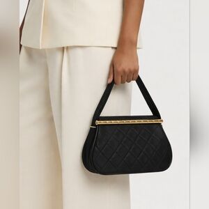 Chanel Vintage Black Quilted Fabric Leather Trim Small Purse Handbag